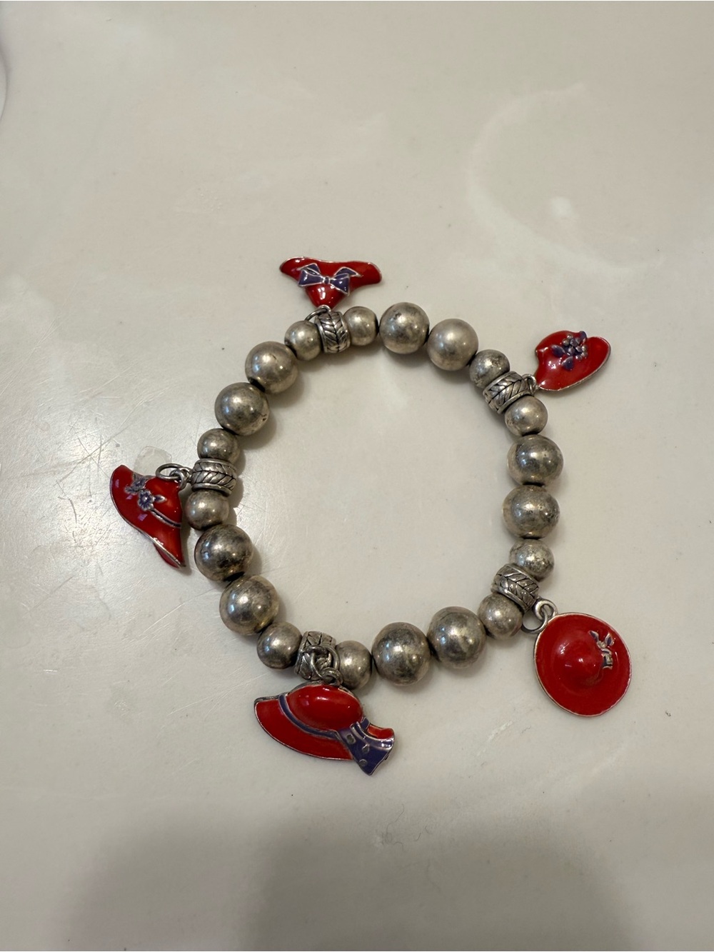 Silver Bead Charm Bracelet with Red Hat Charms